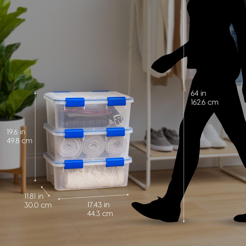 IRIS USA WeatherPro 16 Qt Storage Bins with Lids, 3 Pack, BPA-Free Plastic Gasket Box with Tight Latch and Seal, Stackable Nestable Tote Tub - Clear/Blue - Image 5