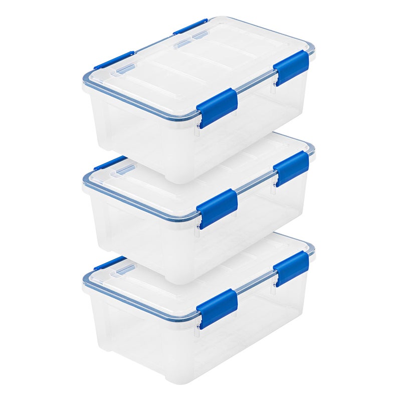 IRIS USA WeatherPro 16 Qt Storage Bins with Lids, 3 Pack, BPA-Free Plastic Gasket Box with Tight Latch and Seal, Stackable Nestable Tote Tub - Clear/Blue - Image 1