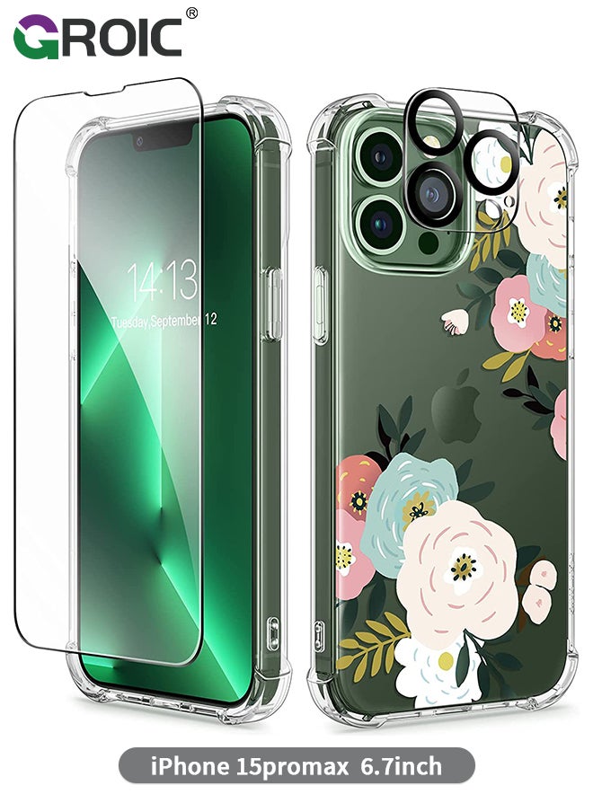 GROIC - Designed for iPhone 15 Pro Max Case, Clear with Floral Pattern Design, Shockproof Protective Cover with Screen Protector + Camera Lens Protector,Phone Shell for iPhone 15 Pro Max 6.7 Inch - Image 1