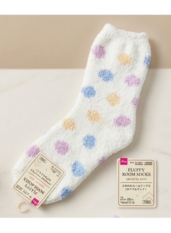 Women's Fluffy Room Socks, White with Colorful Dots, Soft & Cozy