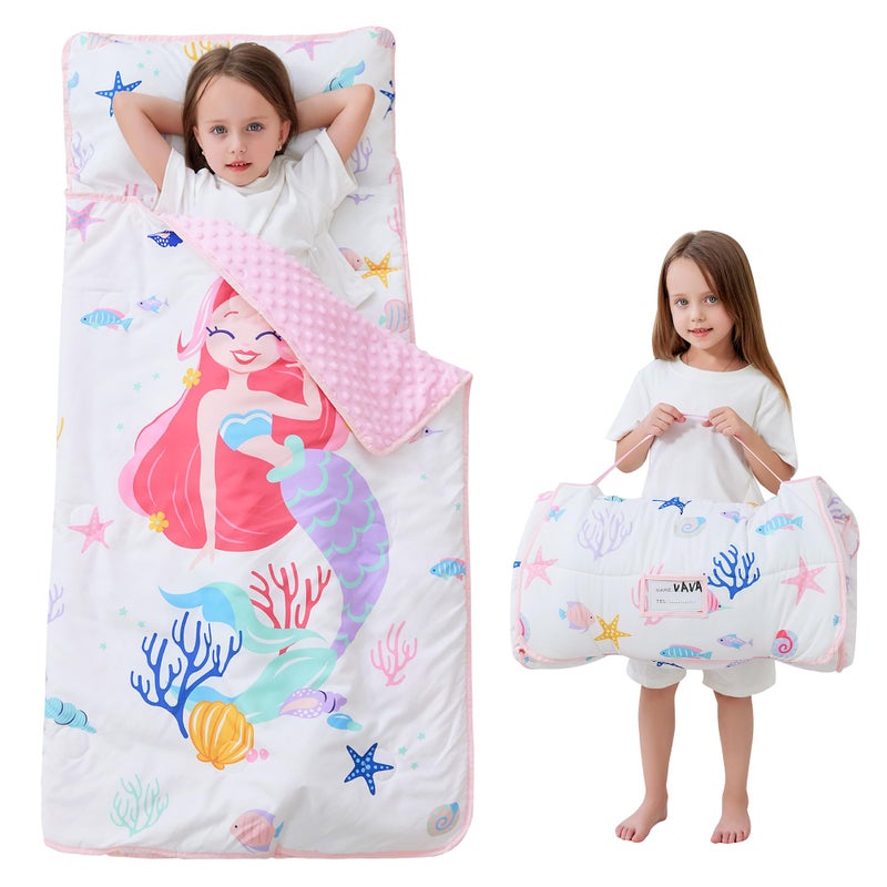 lasoftan Toddler Nap Mat with Pillow and Blanket, Extra Large Rolled Napping Mats,Slumber Bags for Boys Girls,Kids Sleeping Bag for Daycare, 21" x 50" Preschool Travel Camping - Mermaid - Image 1