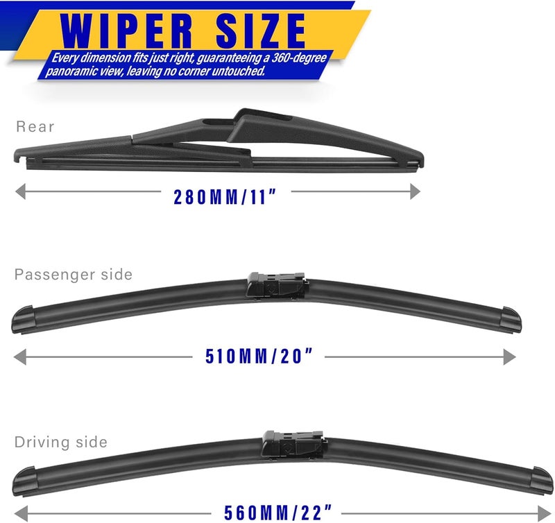 Rooppa 3 wipers Replacement for 2015-2020 jeep renegade, Windshield Wiper Blades Original Equipment Replacement - 22/20/11 (Set of 3) Top Lock - Image 2