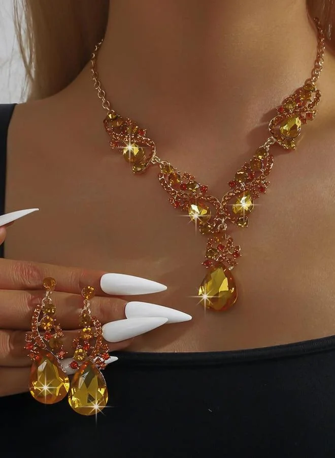 تايك تو طقم مجوهرات قلادة وأقراط مزينة بدلاية حجر راين قطعتين