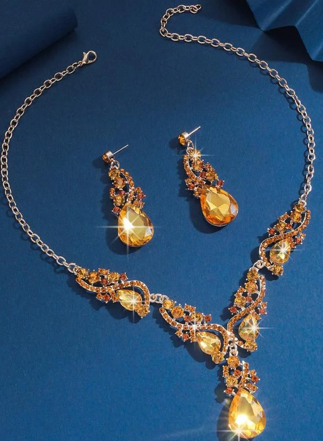 تايك تو طقم مجوهرات قلادة وأقراط مزينة بدلاية حجر راين قطعتين