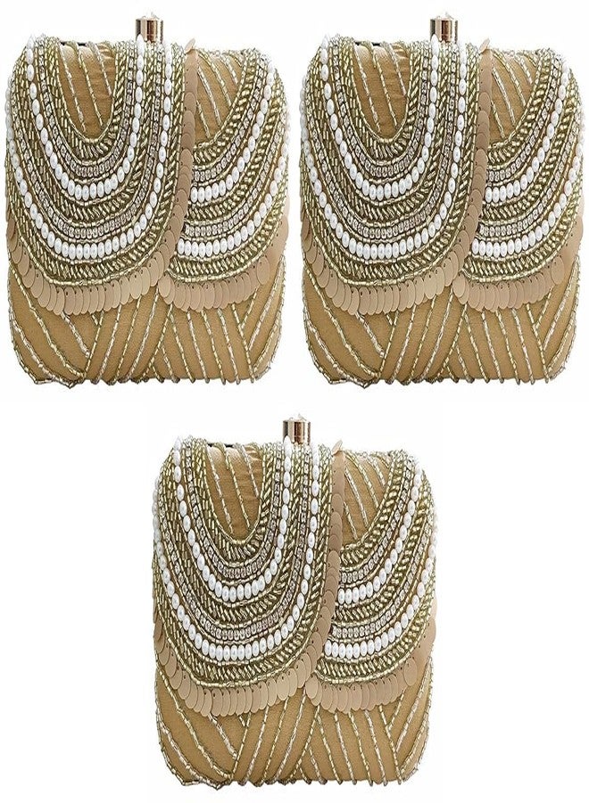 حقيبة يد نسائية من دوقة، مطرزة يدوياً بالترتر، لون بيج، مناسبة لحفلات الزفاف (عبوة من 3 قطع)