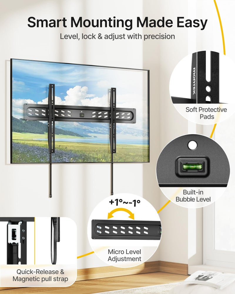 monTEK Ultra Slim Fixed TV Wall Mount Bracket for 43â€“95" Flat & Curved TVs, Super Low Profile 0.95" from Wall, Holds 150 lbs, Supports VESA 800x400, Fits 16"/18"/24"/32" Studs, TM1006W-LF - Image 4