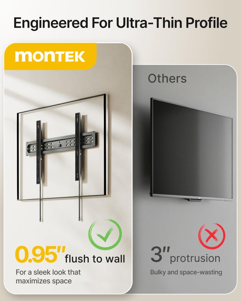 monTEK Ultra Slim Fixed TV Wall Mount Bracket for 43â€“95" Flat & Curved TVs, Super Low Profile 0.95" from Wall, Holds 150 lbs, Supports VESA 800x400, Fits 16"/18"/24"/32" Studs, TM1006W-LF - Image 2