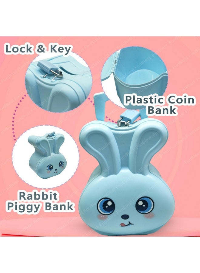FunBlast Bunny Coin Box for Kids - Cute Cartoon Design Rabbit Piggy Bank with Lock & Key, Money Saving Plastic Coin Bank, Gullak for Kids, Birthday Return Gifts for Kids (Blue) - Image 3