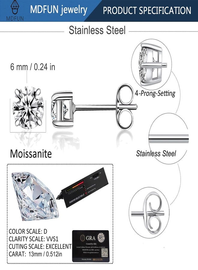 MDFUN Moissanite Stud Earrings, 316L Stainless Steel 4 Prong Round Synthetic Stud Earring Hypoallergenic Jewelry for Women Men (6mm) - Image 4