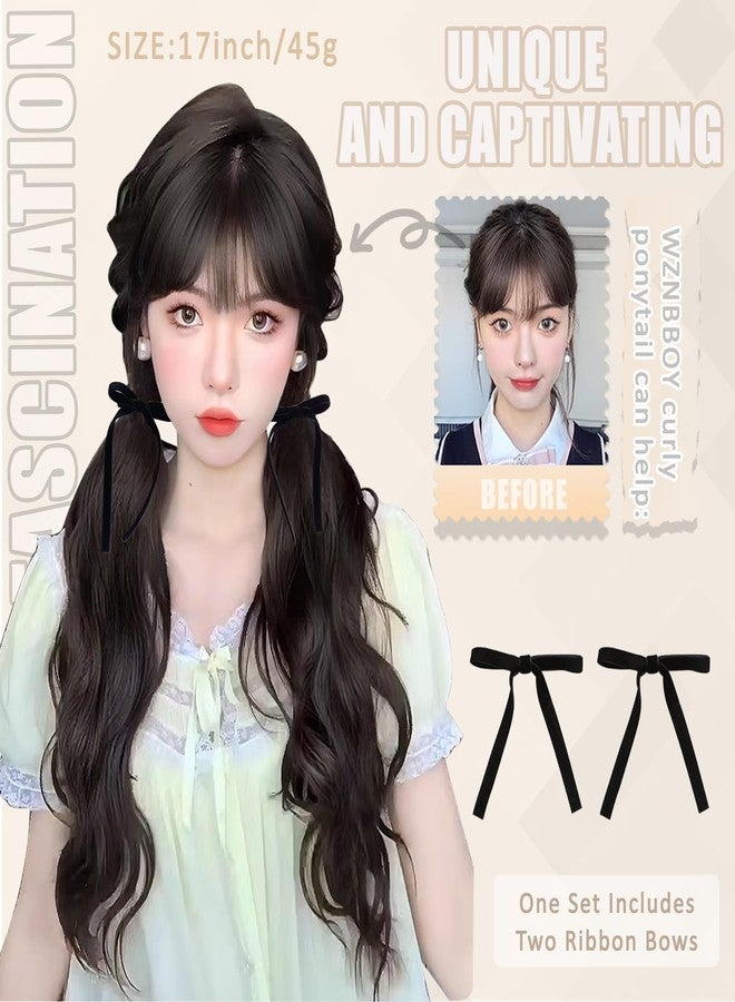 WZNBBOY 2PCS Curly Ponytail Extension with Elastic Tie 17 Inch Natural Wavy Hairpiece Synthetic Pony Tail Hair Extensions Wave Fake Ponytail Hairpieces for Women Daily Wear - Image 2