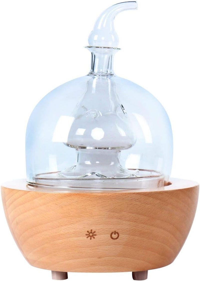 EcoGecko Aroma Essential Oil Diffuser Made from Wood and Hand Blown Glass for Aromatherapy Nerbulizer Pure Essential Oils with Touch Button Timer and 7 Color LED Lights 