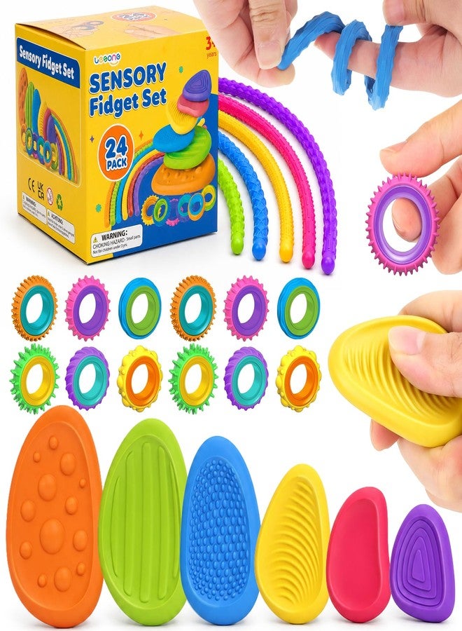 LESONG Sensory Fidget Toys for Kids: 24 Pack Silicone Fidget Set with Fidget Rings, Worry Stones & Shapeable Sticks for ADHD Autism - Quiet Fidgets for Classroom Bulk - Travel and Party Favors - Image 1