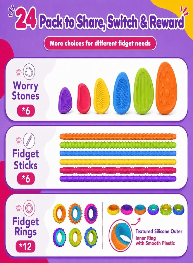 LESONG Sensory Fidget Toys for Kids: 24 Pack Silicone Fidget Set with Fidget Rings, Worry Stones & Shapeable Sticks for ADHD Autism - Quiet Fidgets for Classroom Bulk - Travel and Party Favors - Image 5