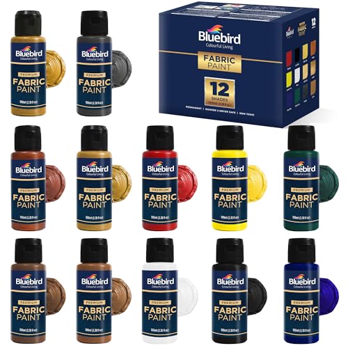 BLUEBIRD 12-Pack Fabric Paint, 3.4 Fl Oz each, Permanent Fabric Paints for Clothes - Image 1