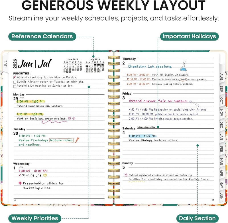 Taja Planner 2026–2027 Academic Book, Weekly and Monthly Layout, July 2026 to June 2027, Hardcover Agenda with Tabs, School and Office Supplies, A5 Size 6.3" x 8.5" - Cat Beach - Image 3