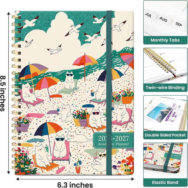 Taja Planner 2026–2027 Academic Book, Weekly and Monthly Layout, July 2026 to June 2027, Hardcover Agenda with Tabs, School and Office Supplies, A5 Size 6.3" x 8.5" - Cat Beach - Image 4