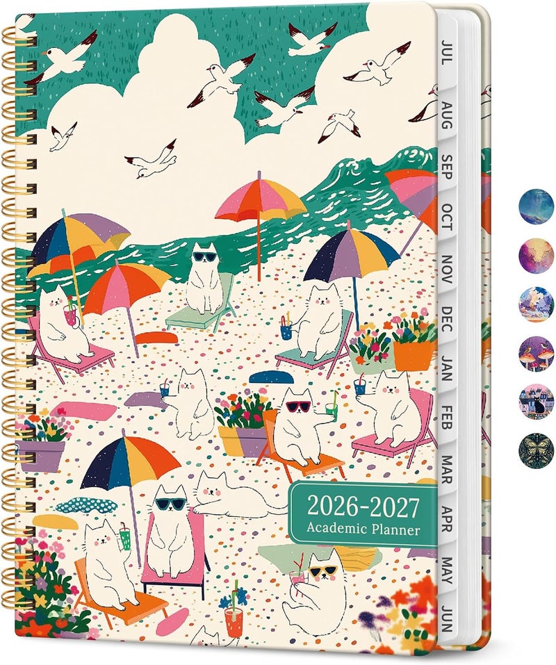 Taja Planner 2026–2027 Academic Book, Weekly and Monthly Layout, July 2026 to June 2027, Hardcover Agenda with Tabs, School and Office Supplies, A5 Size 6.3" x 8.5" - Cat Beach - Image 1