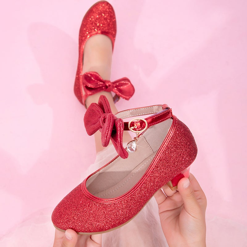 New Style Girls'' Red Bow Princess Shoes, Little Girls'' High Heels, Children''s Performance Runway Chunky Heel Single Shoes - Image 3