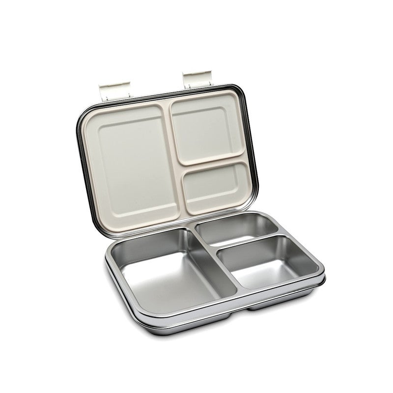 Bamboo Bark Stainless Steel Bento Lunch Box with Lid, 1030ml Leakproof Metal Stackable Snack Box, and 3 Multi-Compartment Divided Meal Prep Food Storage Containers for School, Travel and Work – (Butterfly Print)