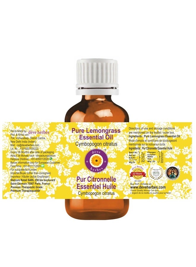 Deve Herbes Pure Lemongrass Essential Oil (Cymbopogon citratus) Steam Distilled 30ml (1 oz) - Image 2