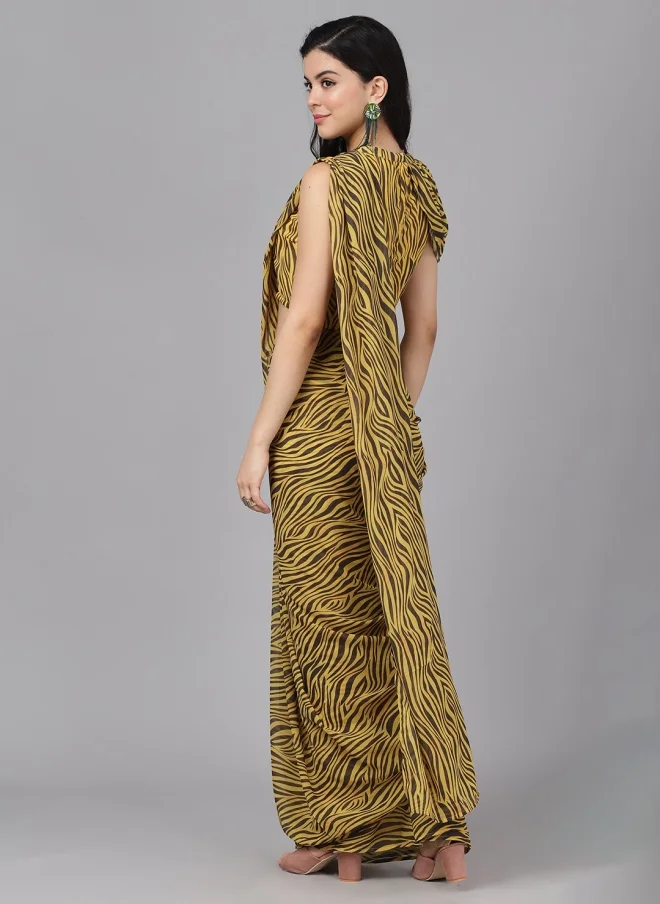 AKS Yellow Abstract Printed Saree for Women