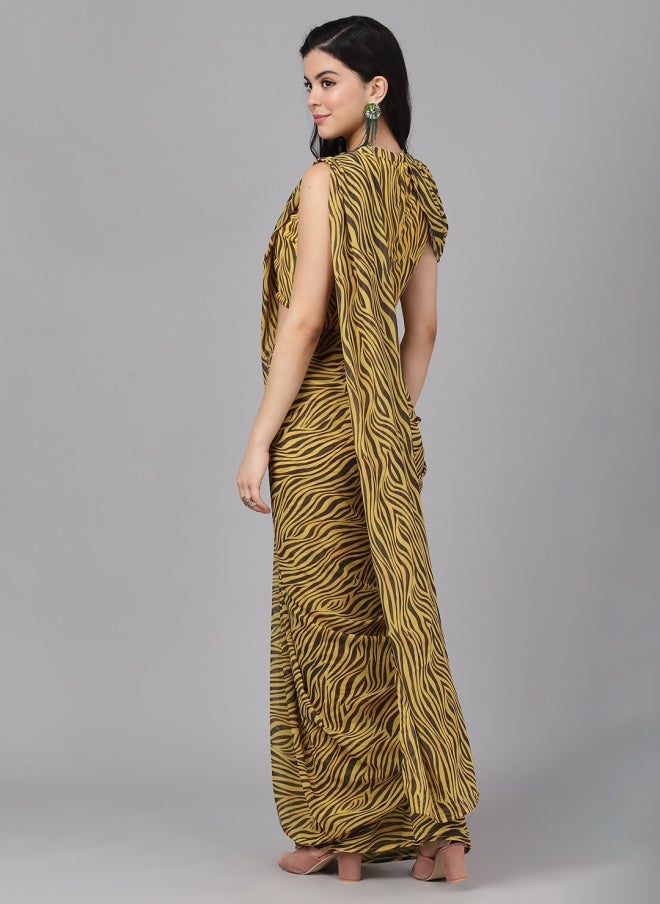 أيه كيه إس ساري نسائي مطبوع بتصميم تجريدي أصفر - Image 4