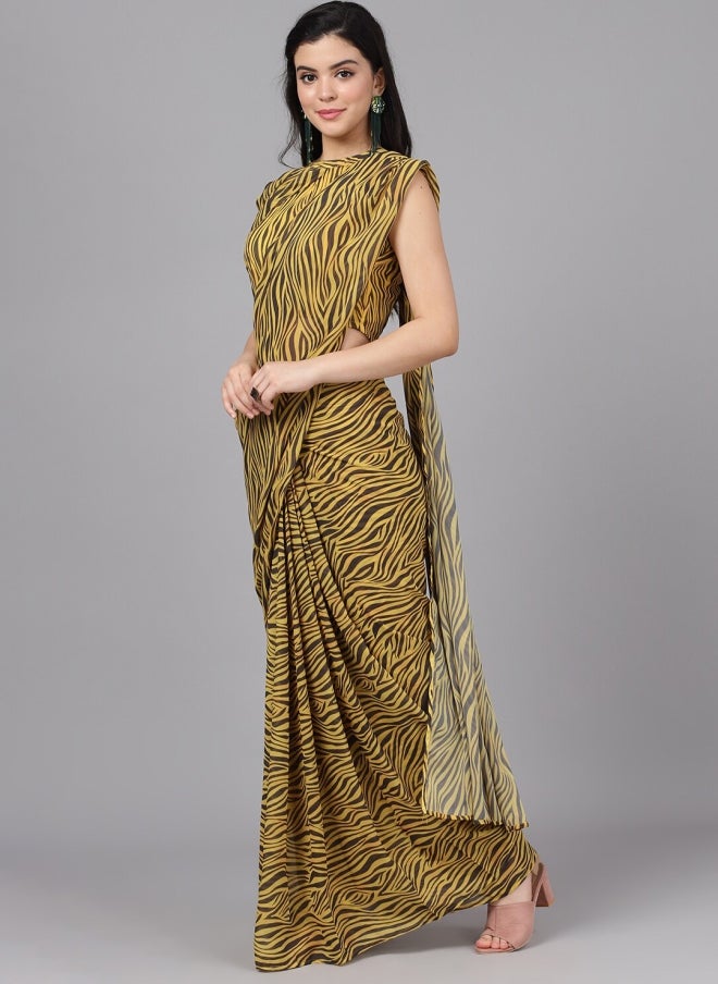 أيه كيه إس ساري نسائي مطبوع بتصميم تجريدي أصفر - Image 3