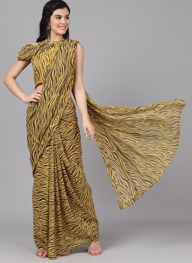 أيه كيه إس ساري نسائي مطبوع بتصميم تجريدي أصفر - Image 1