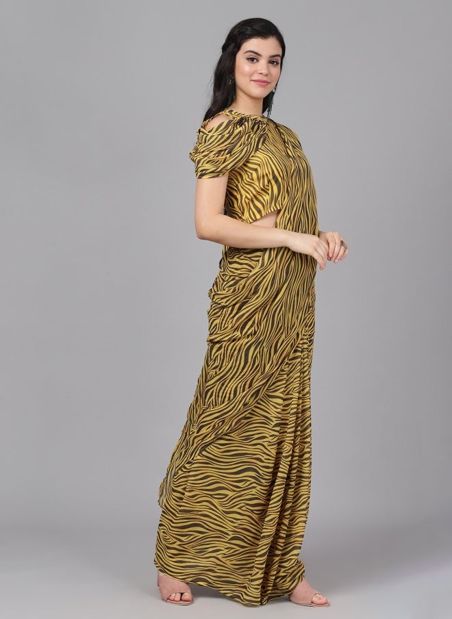 أيه كيه إس ساري نسائي مطبوع بتصميم تجريدي أصفر - Image 2