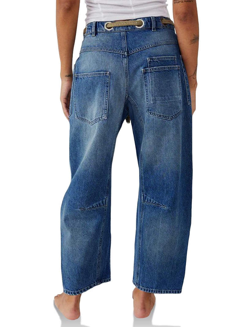 PLNOTME Womens Baggy Barrel Horseshoe Jeans Wide Leg Patchwork Low Rise Denim Pants with Pockets Blue - Image 4