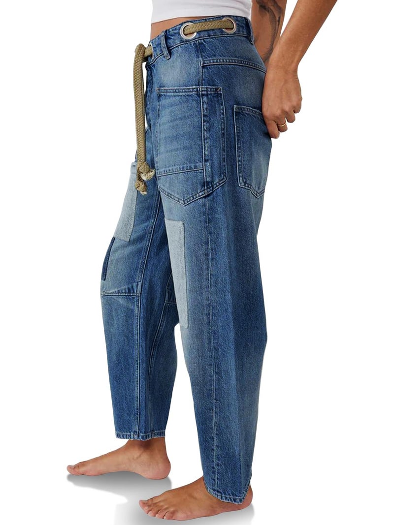 PLNOTME Womens Baggy Barrel Horseshoe Jeans Wide Leg Patchwork Low Rise Denim Pants with Pockets Blue - Image 2