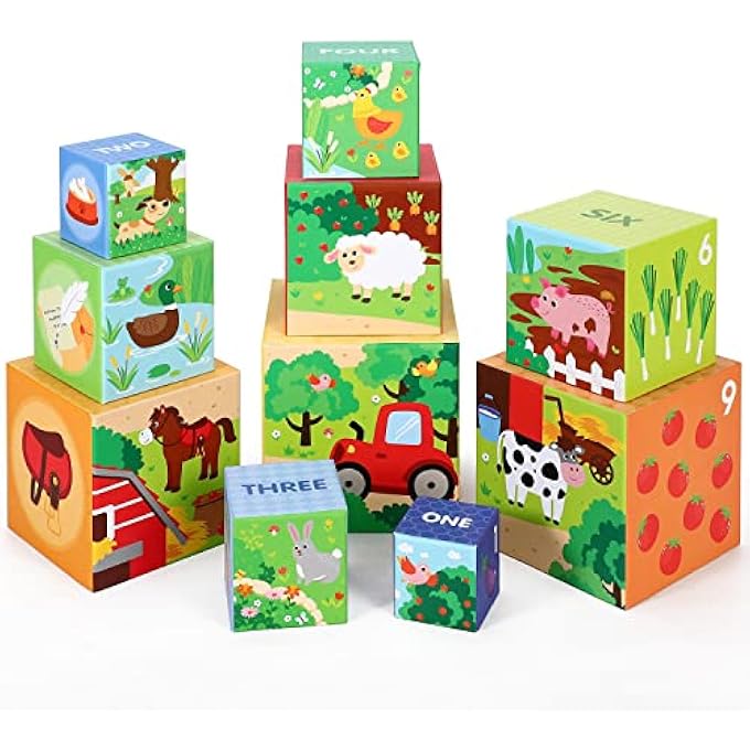 SOKA 10PCS FARM ANIMALS STACKING CUBES BALANCING BUILDING FARM ANIMAL BOXES EDUCATIONAL DEVELOPMENTAL MONTESSORI LEARNING BLOCKS TOY SET GIFT FOR KIDS TODDLERS CHILDREN BOY GIRL AGES 12 MONTH OLD + - Image 4