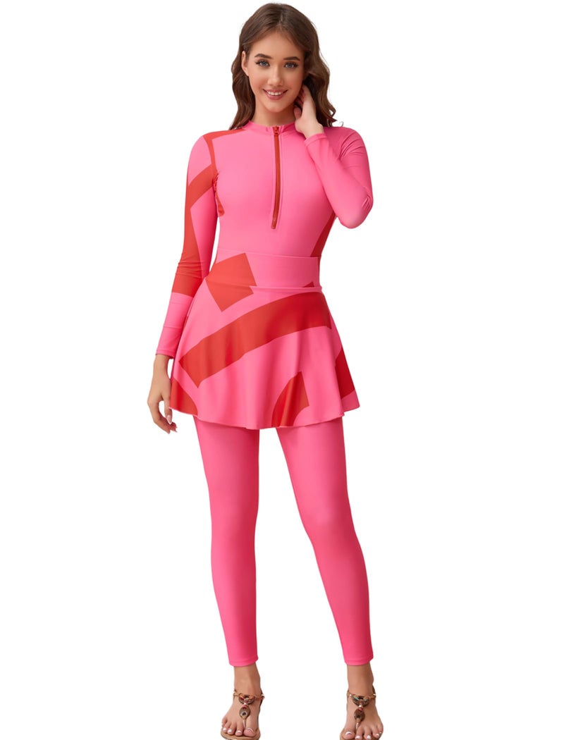 ABEWIP Muslim Swimsuits for Women 3 Piece Long Sleeves Swimming Suit Islamic Swim Tops Pants Skirt Rash Guard Pink M - Image 1