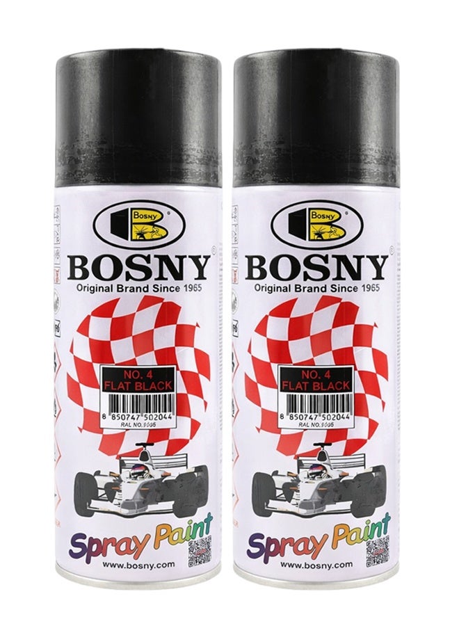 بوسني طلاء بخاخ Bosny (قطعتان) – أسود مطفي (Aerosol) – طلاء سريع الجفاف بلمسة نهائية غير لامعة؛ للاستخدام على المعادن، الخشب، البلاستيك، السيارات، المشاريع اليدوية والاستخدام المنزلي. - Image 1