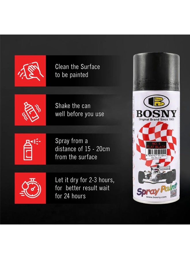 بوسني طلاء بخاخ Bosny (قطعتان) – أسود مطفي (Aerosol) – طلاء سريع الجفاف بلمسة نهائية غير لامعة؛ للاستخدام على المعادن، الخشب، البلاستيك، السيارات، المشاريع اليدوية والاستخدام المنزلي. - Image 2