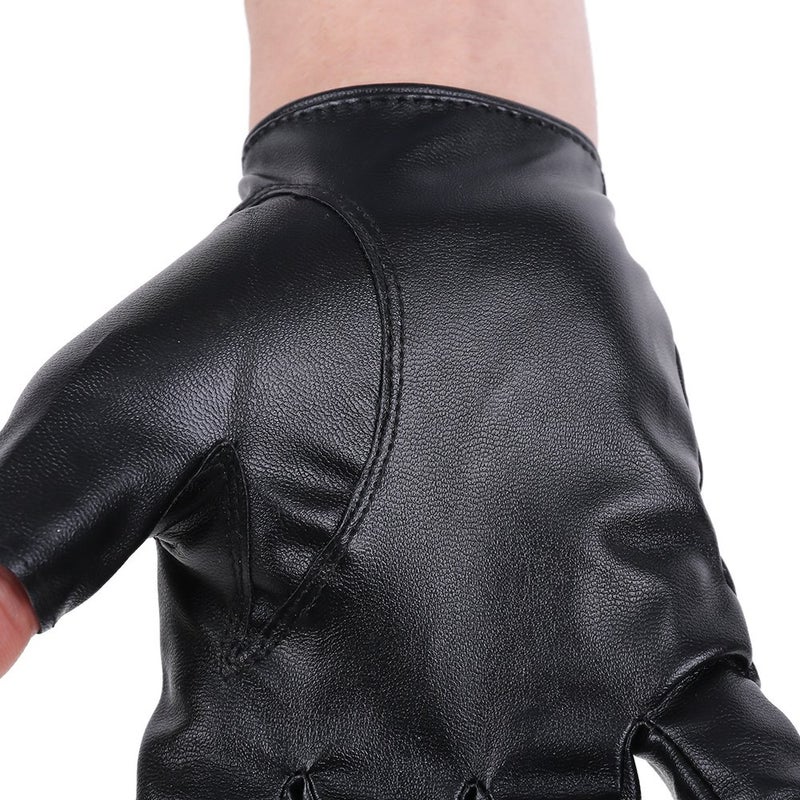 JISEN Men PU leather Punk Half Finger Hollow Out Gloves Black - Image 5