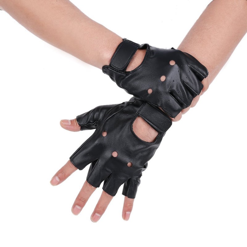 JISEN Men PU leather Punk Half Finger Hollow Out Gloves Black - Image 2