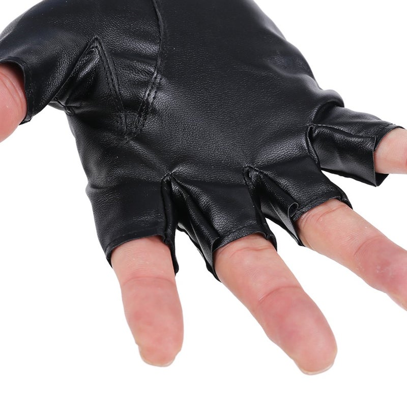JISEN Men PU leather Punk Half Finger Hollow Out Gloves Black - Image 4