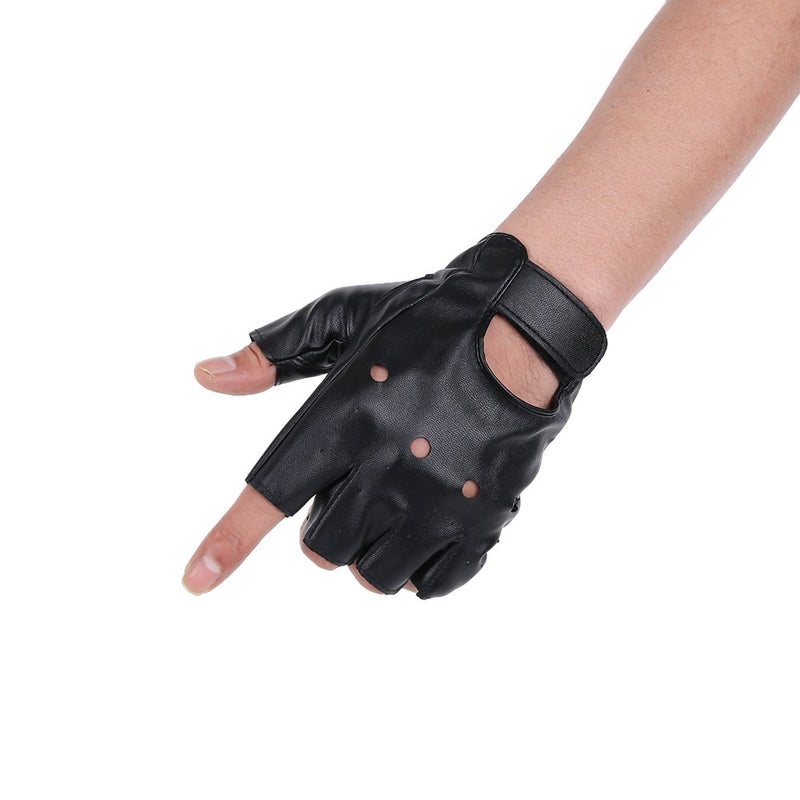 JISEN Men PU leather Punk Half Finger Hollow Out Gloves Black - Image 1