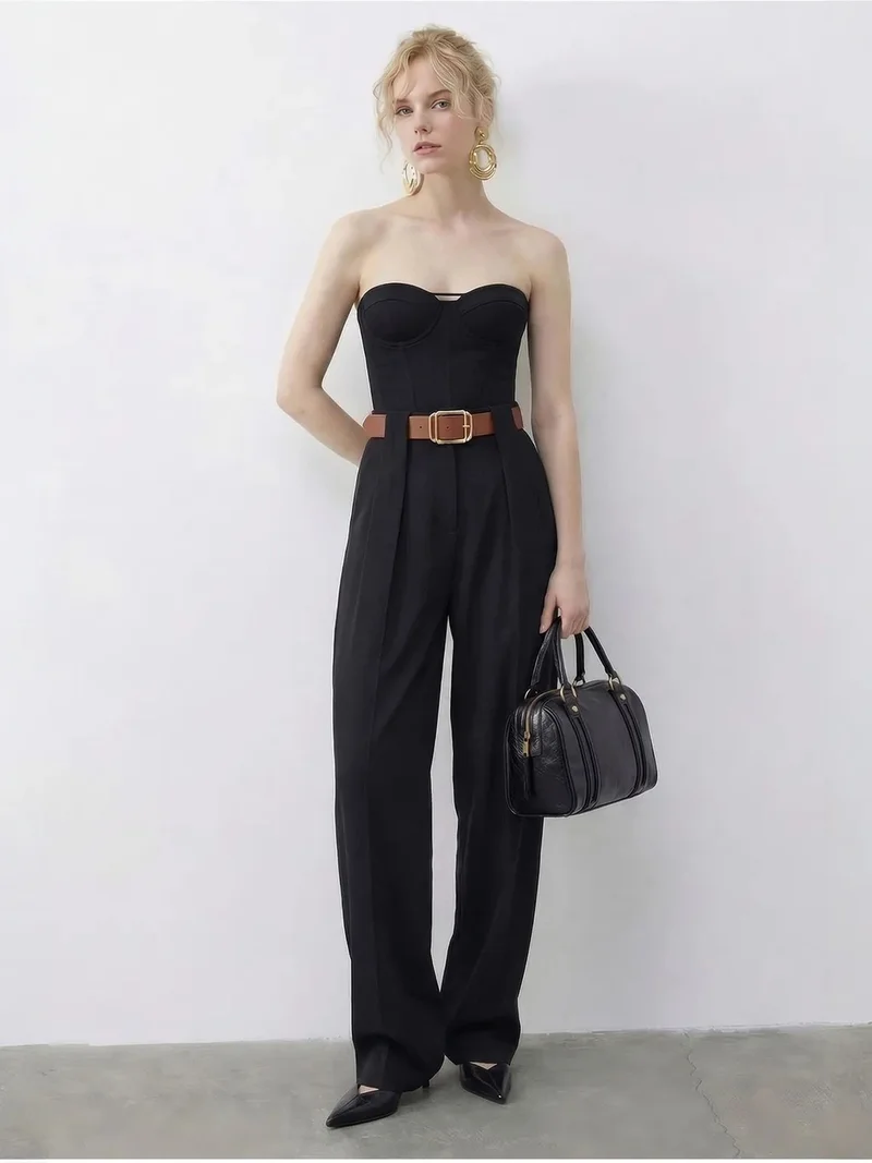 Bianco Lucci LUCCI High Waist Wide Leg Palazzo Pants with Belt