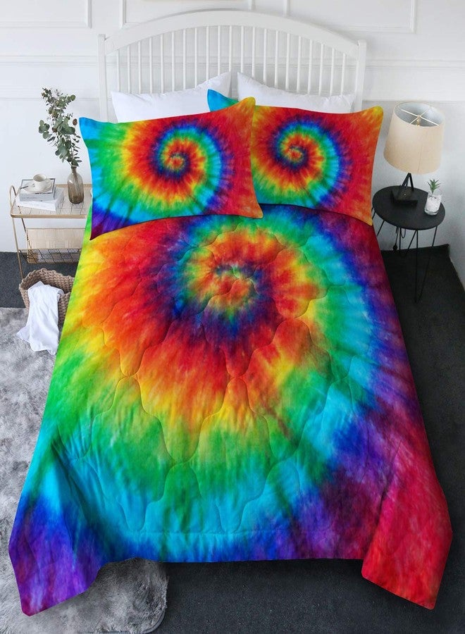 BlessLiving Tie Dye Comforter Twin Set for Kids Girls, Rainbow Wave Stripe Bedding 3 Piece Boho Colorful Fluffy Quilt for Teen Kid Deep Gradient Quilted Duvet(Orange Blue Green) - Image 1
