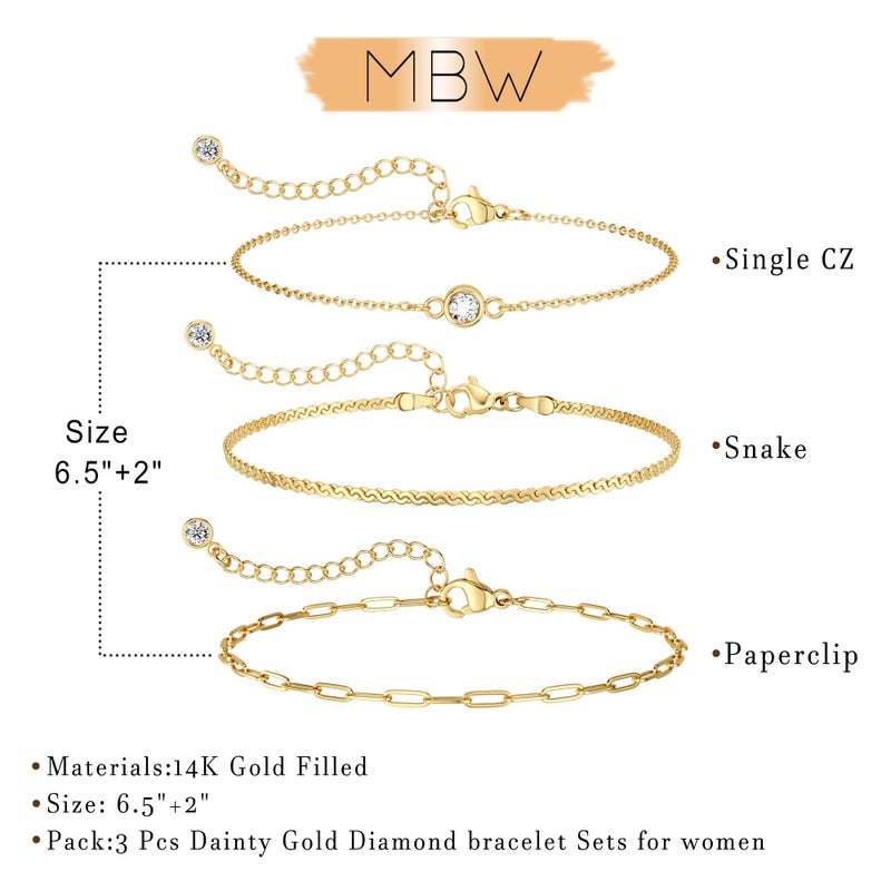 MBW Dainty Gold Bracelets for Women Trendy, 14k Gold Plated Stackable Bracelets Layered Paperclip Snake Chain Bracelet Set Fashion Minimalist Simple Bracelets Cute CZ Jewelry Gifts for Women - Image 5