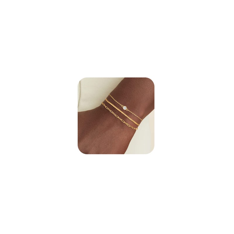 MBW Dainty Gold Bracelets for Women Trendy, 14k Gold Plated Stackable Bracelets Layered Paperclip Snake Chain Bracelet Set Fashion Minimalist Simple Bracelets Cute CZ Jewelry Gifts for Women - Image 1