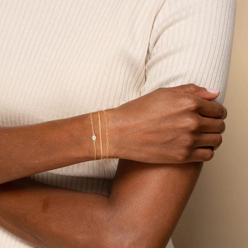 MBW Dainty Gold Bracelets for Women Trendy, 14k Gold Plated Stackable Bracelets Layered Paperclip Snake Chain Bracelet Set Fashion Minimalist Simple Bracelets Cute CZ Jewelry Gifts for Women - Image 3