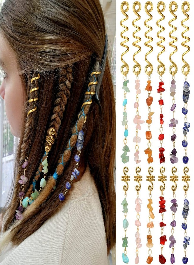 BBTO 12 Pcs Hair Jewelry for Braids Natural Crystal Stone Dreadlock Accessories Metal Hair Accessories Gold Loc Dreadlock Spirals Cuff Rings Charm for Women Braid Hairstyle Decor(Bright Colors) - Image 1