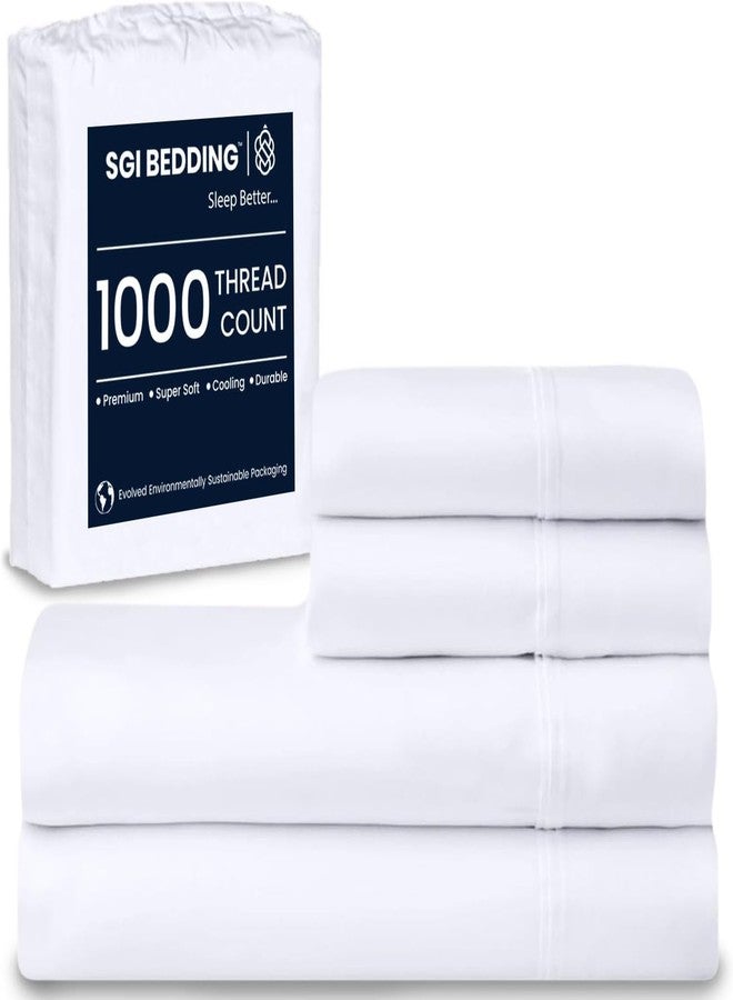 SGI bedding طقم ملاءات سرير SGI، عدد الخيوط 1000، مقاس كينج - ملاءات قطنية مصرية 100% - ملاءات فاخرة بجيب عميق 16 بوصة - ناعمة، تسمح بمرور الهواء، وممتازة - ملاءات فندقية - أبيض - Image 1