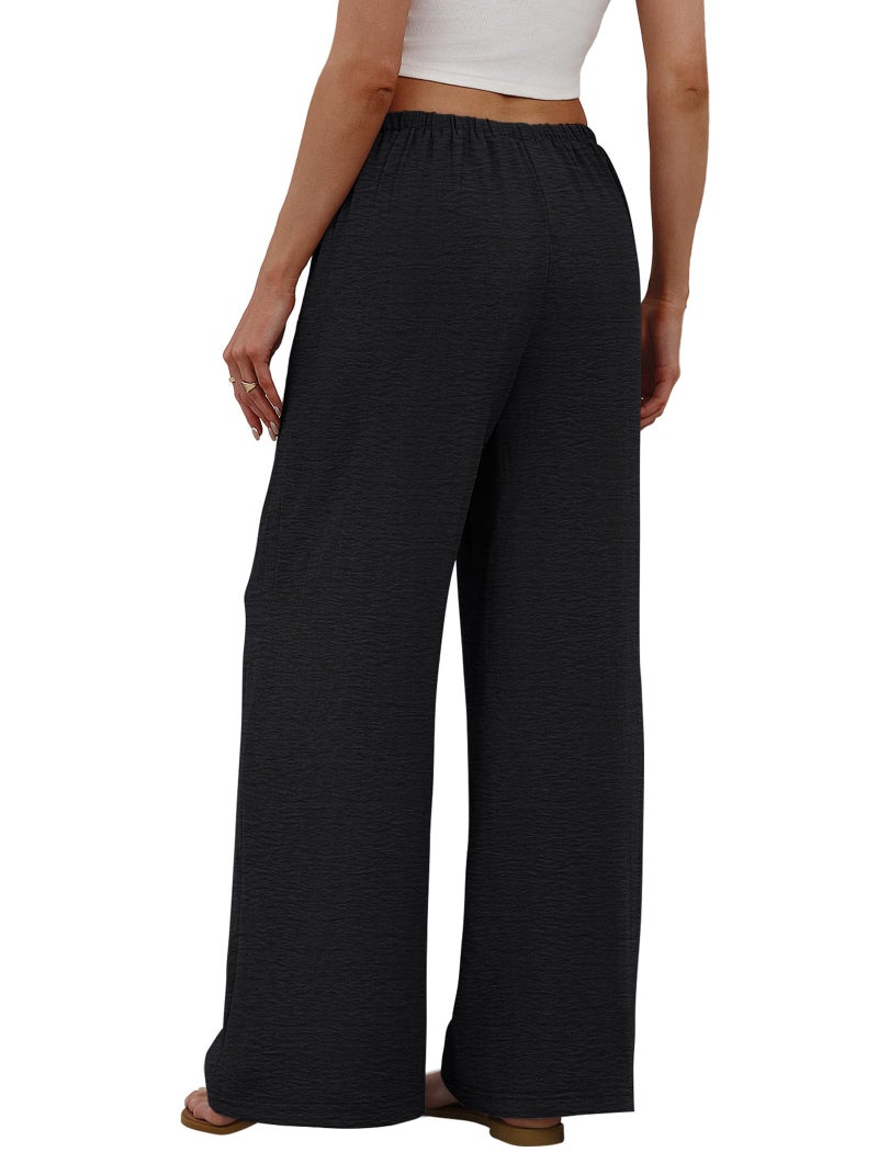 Sampeel Black Linen Pants for Women Work Casual Business Outfits Wide Leg Palazzo Summer Pants Tall Drawstring Elastic Waist with Pockets Baggy Trousers 2XL - Image 5