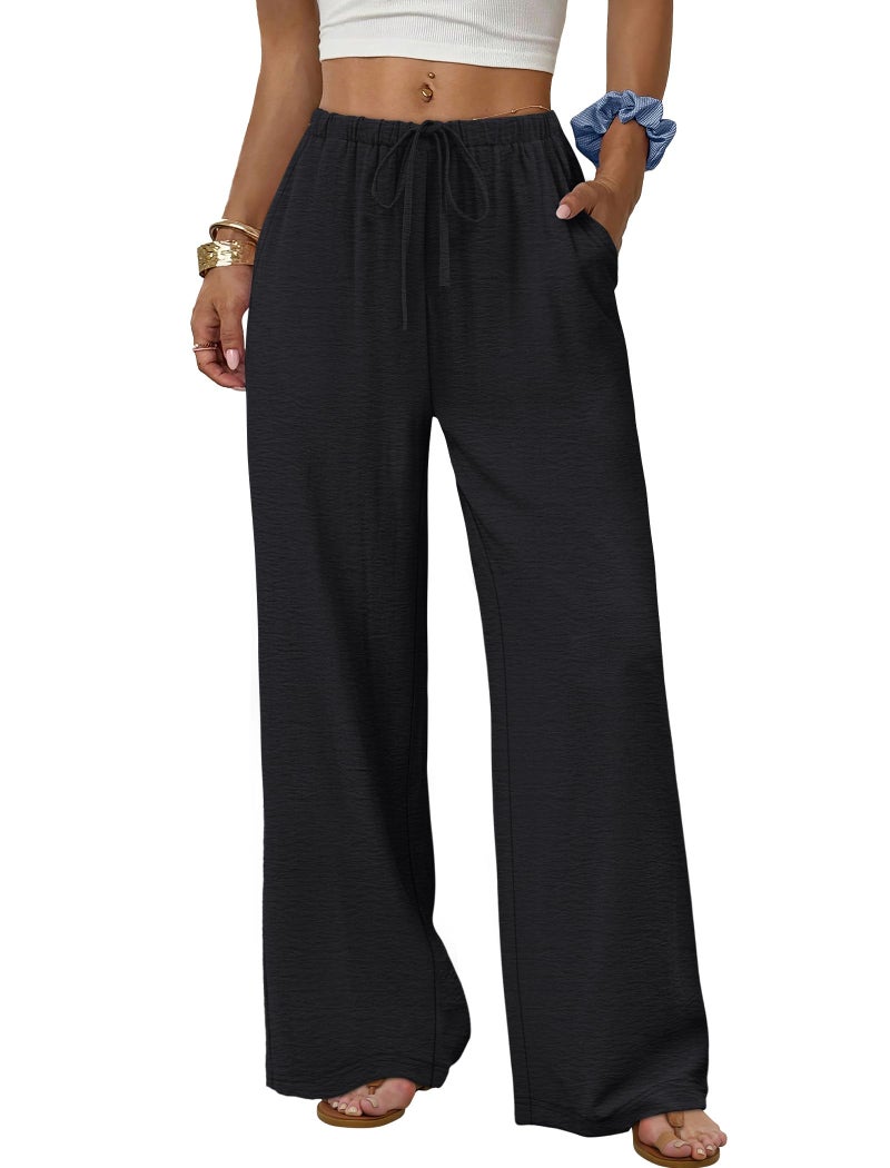 Sampeel Black Linen Pants for Women Work Casual Business Outfits Wide Leg Palazzo Summer Pants Tall Drawstring Elastic Waist with Pockets Baggy Trousers 2XL - Image 1