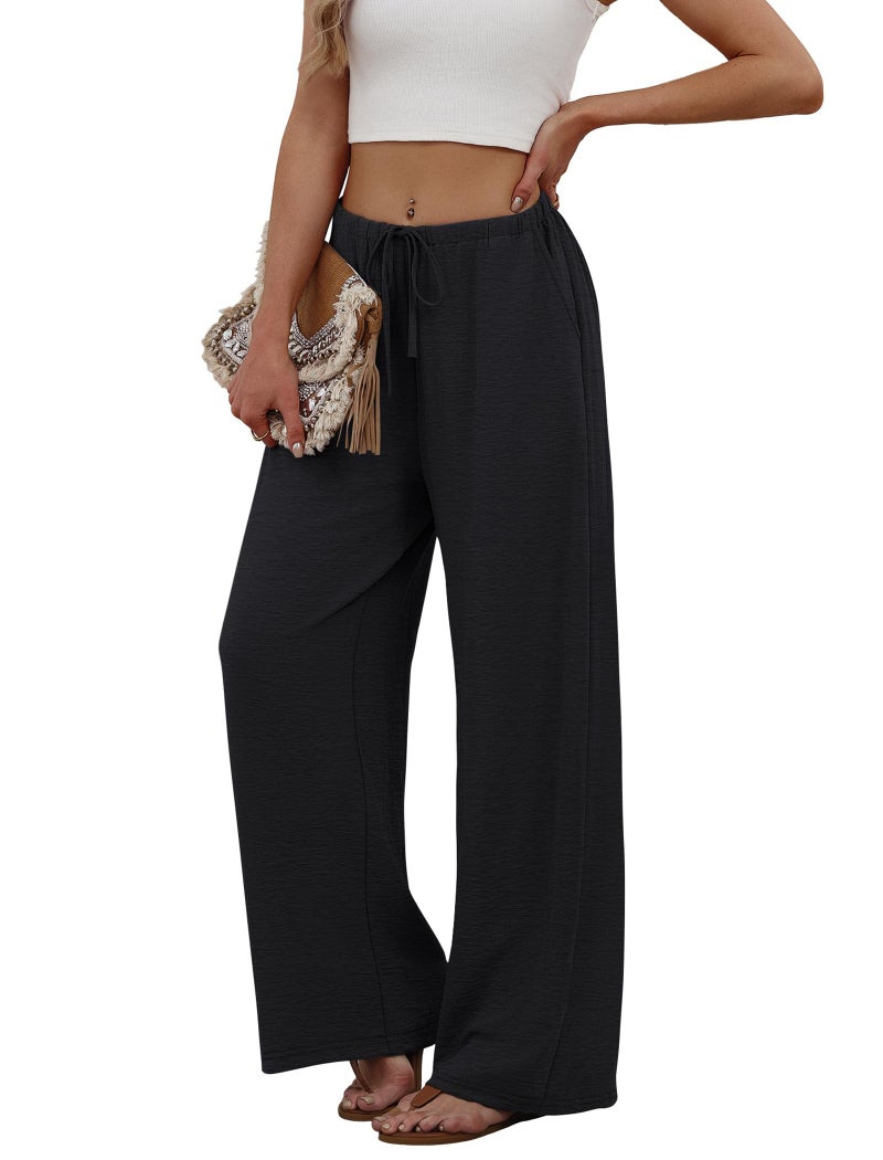 Sampeel Black Linen Pants for Women Work Casual Business Outfits Wide Leg Palazzo Summer Pants Tall Drawstring Elastic Waist with Pockets Baggy Trousers 2XL - Image 4