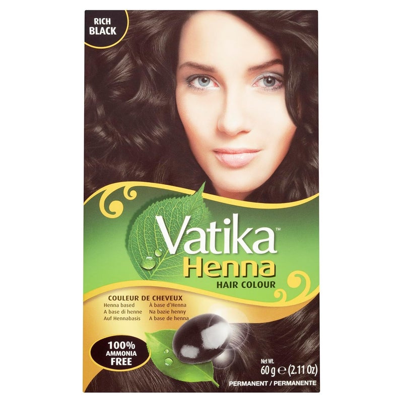 Vatika Naturals Dabur Henna Hair Color - Zero Ammonia Henna for 100% Grey Coverage, Strong and Shiny Hair, 6 Sachets X 10g (Rich Black) 